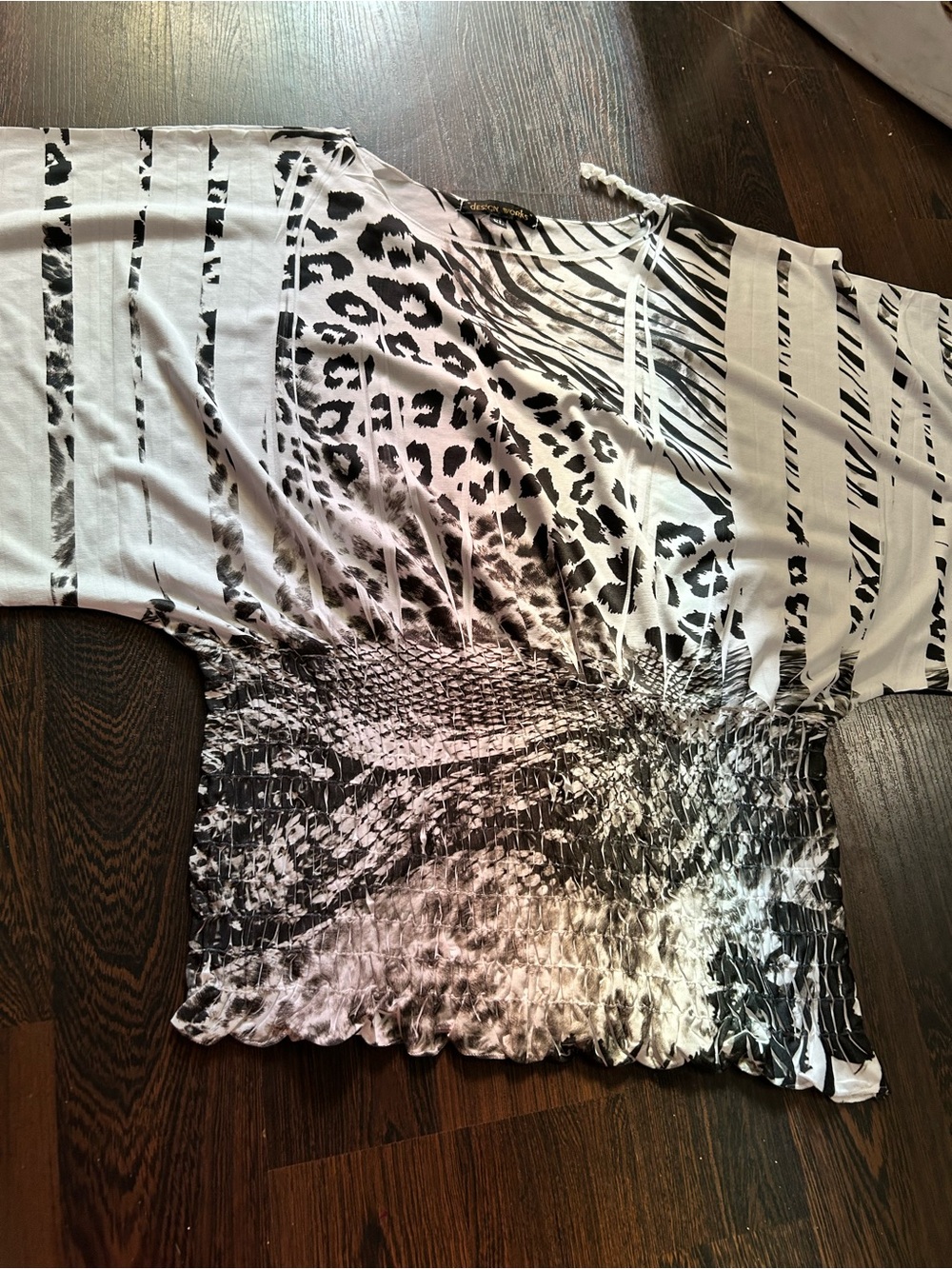 Women’s Black & White Animal Print Smocked Waist Top Y2K